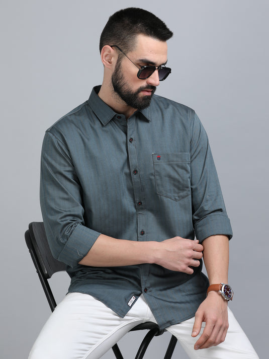 Grey Solid Self Stripes-Stain Proof Shirt