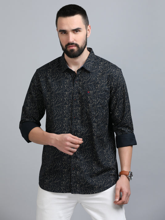 Navy Multicolor Oxford Print-Stain Proof Shirt