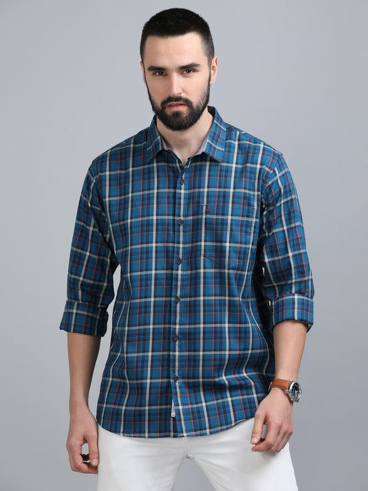 Dark Turquoise Blue Checks-Stain Proof Shirt