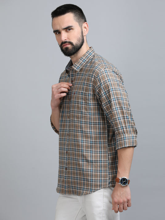 Tan & Light Blue Oxford Checks-Stain Proof Shirt