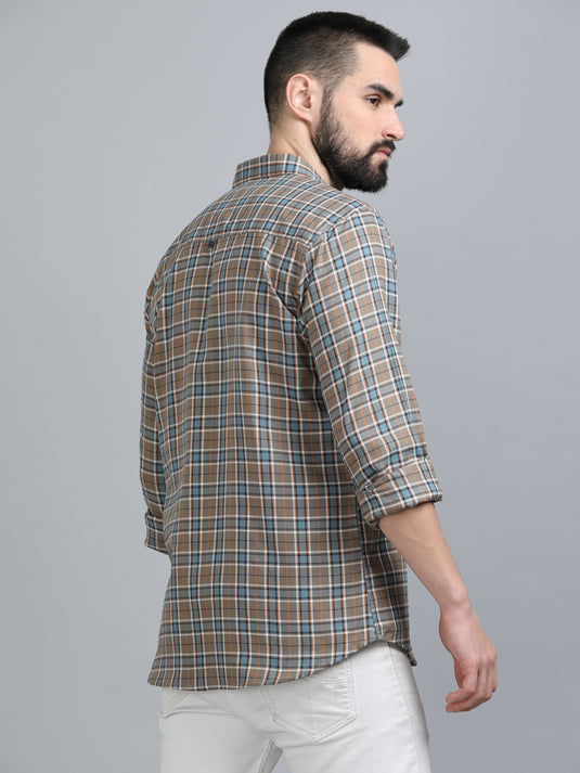 Tan & Light Blue Oxford Checks-Stain Proof Shirt