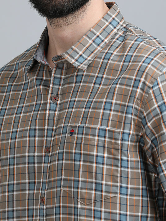 Tan & Light Blue Oxford Checks-Stain Proof Shirt