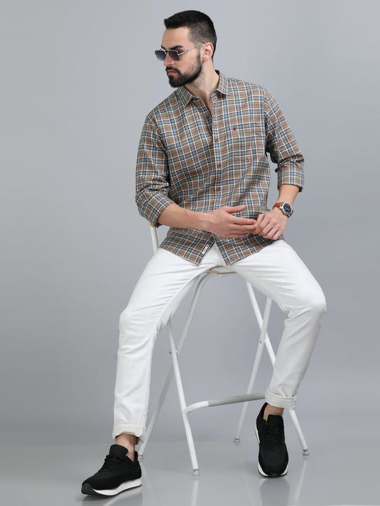 Tan & Light Blue Oxford Checks-Stain Proof Shirt