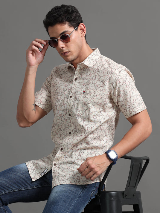 Ivory with brown print - Half Sleeve - Stain Proof Shirt