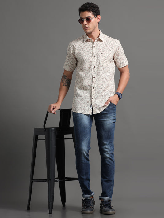 Ivory with brown print - Half Sleeve - Stain Proof Shirt
