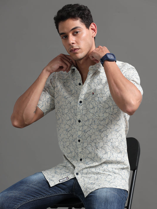 Cream with blue print - Half Sleeve Stain Proof Shirt