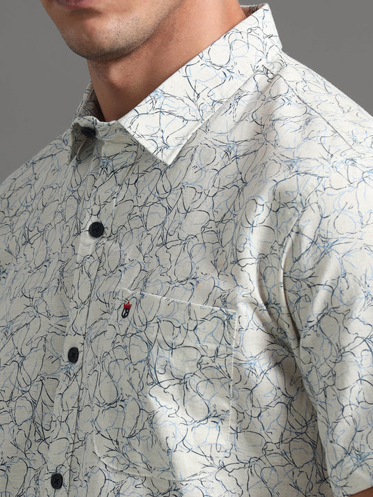 Cream with blue print - Half Sleeve Stain Proof Shirt