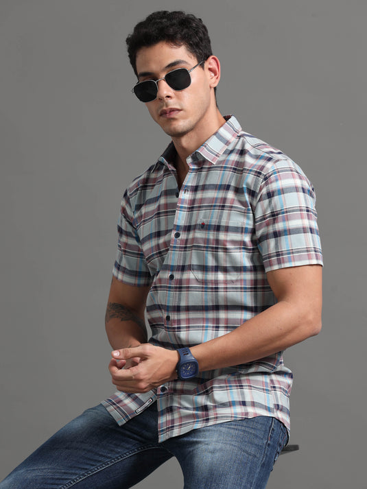 Gray with Dull Magenta Check - Half Sleeve - Stain Proof Shirt