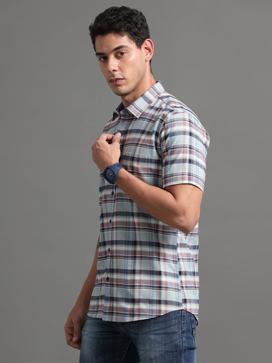Gray with Dull Magenta Check - Half Sleeve - Stain Proof Shirt
