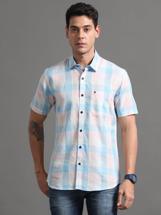 Light Pink Line check - Half Sleeve - Stain Proof - Shirt