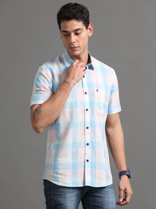 Light Pink Line check - Half Sleeve - Stain Proof - Shirt