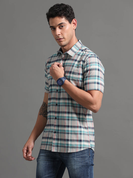 Chanterelle Beige with Turquoise checks - Half Sleeve - Stain Proof Shirt