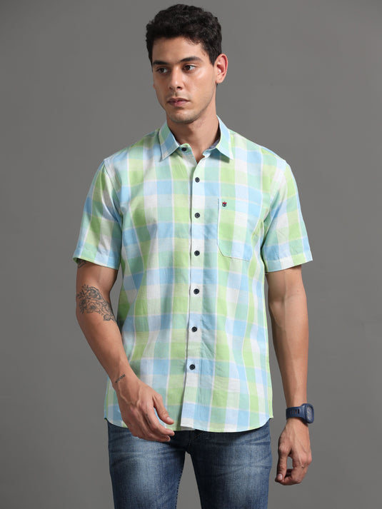 Lime green linen checks - Half Sleeve - Stain Proof Shirt