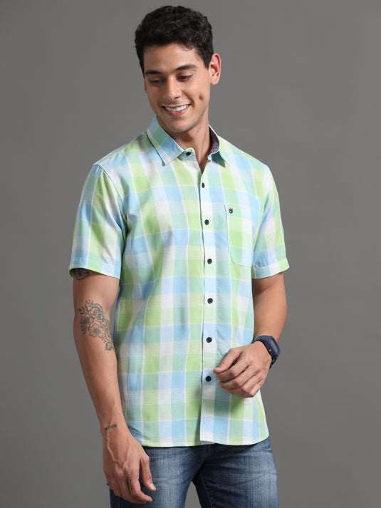 Lime green linen checks - Half Sleeve - Stain Proof Shirt