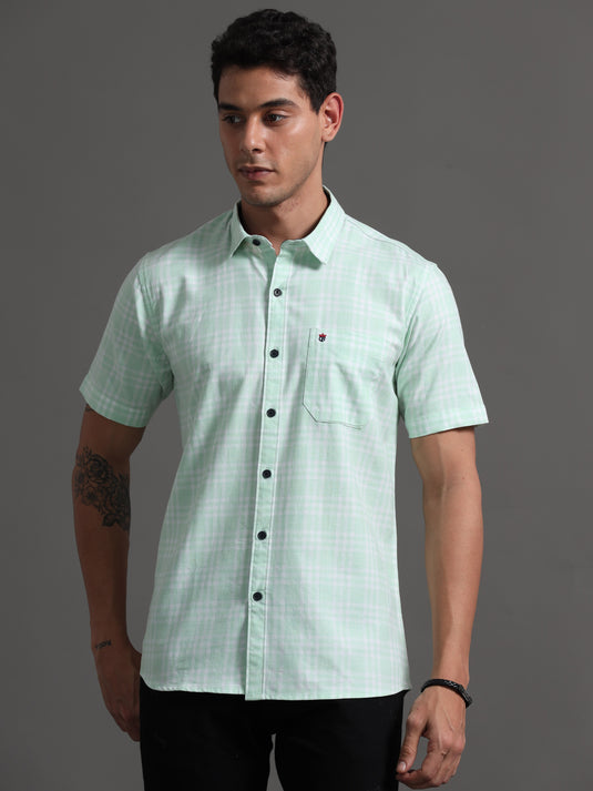 Tea Green Checks - Half Sleeve - Stain Proof Shirt